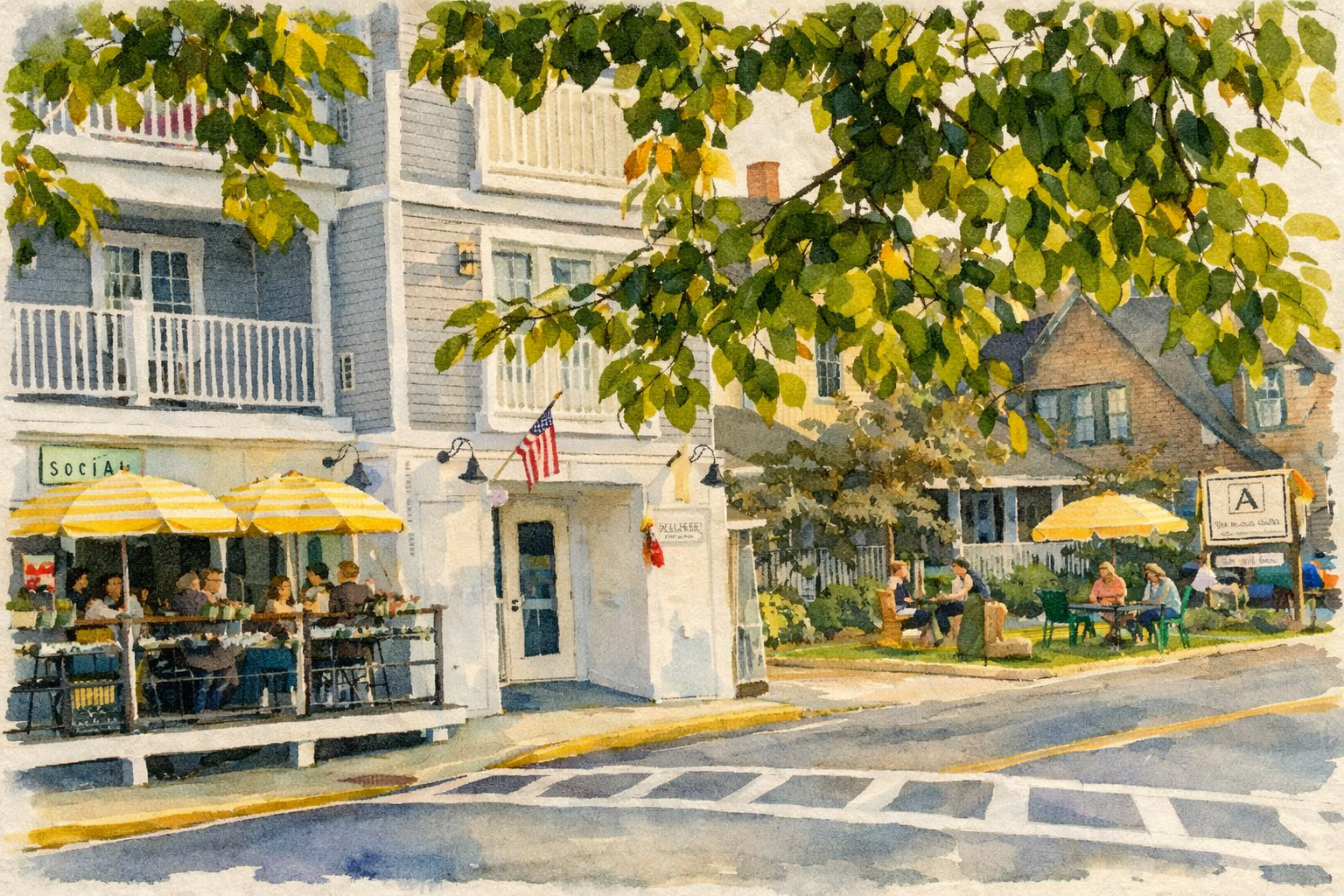 a watercolor painting of a street scene with a building, sidewalk, and people sitting at tables under umbrellas